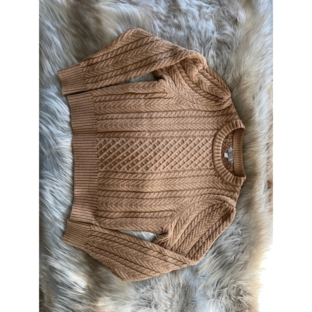 NWOT J Crew puff-sleeve cable-knit sweater, size small, heather acorn.